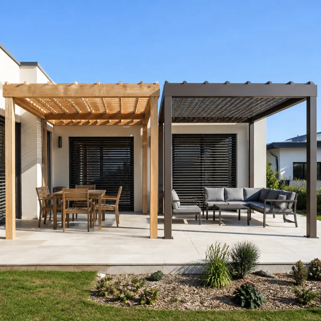 Deux structures de pergola juxtaposées, l’une en bois naturel, l’autre en aluminium ton bronze