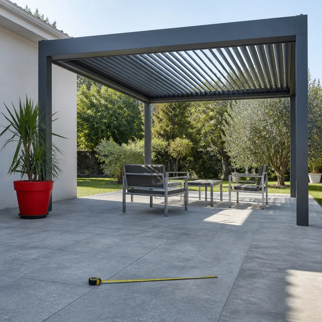 Pergola bioclimatique aluminium de taille moyenne posée sur une terrasse, mètre ruban au sol