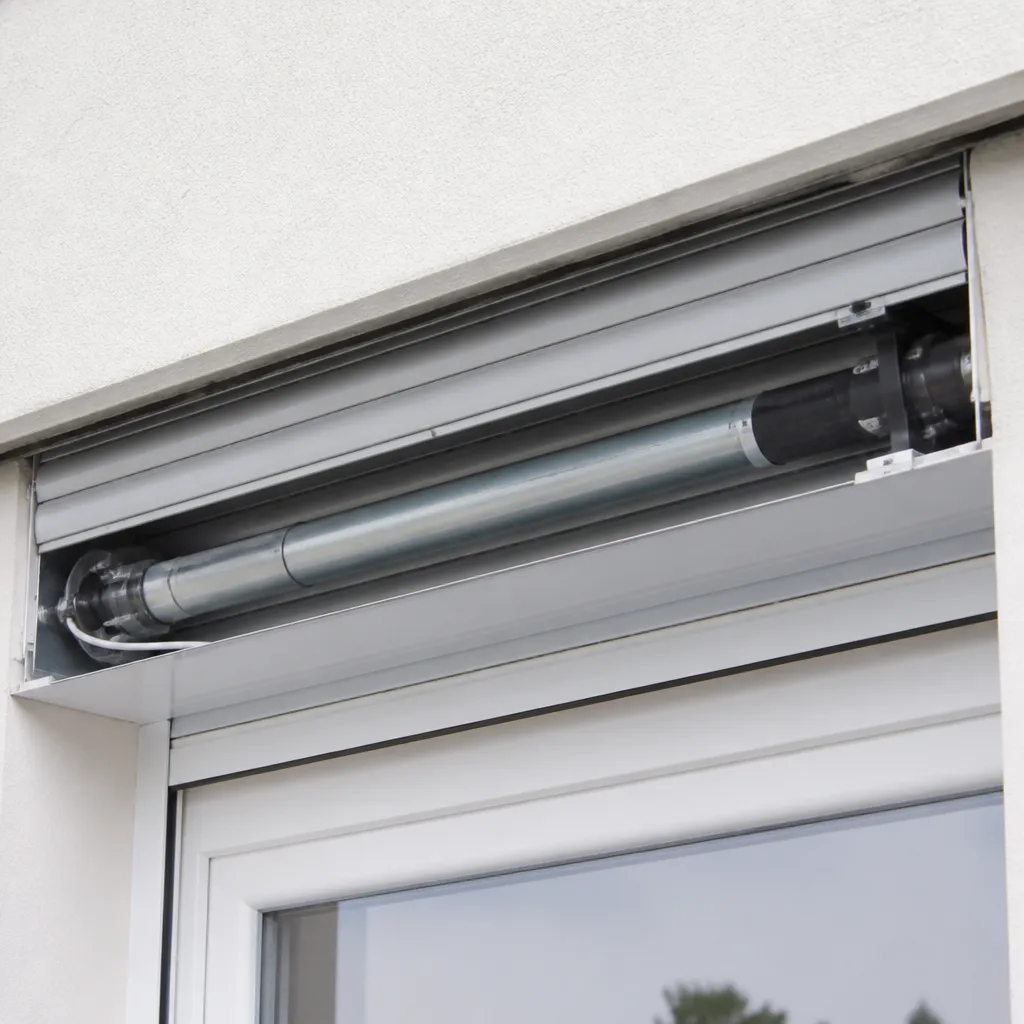 Coffre de volet roulant électrique ouvert montrant le moteur tubulaire et le tablier aluminium