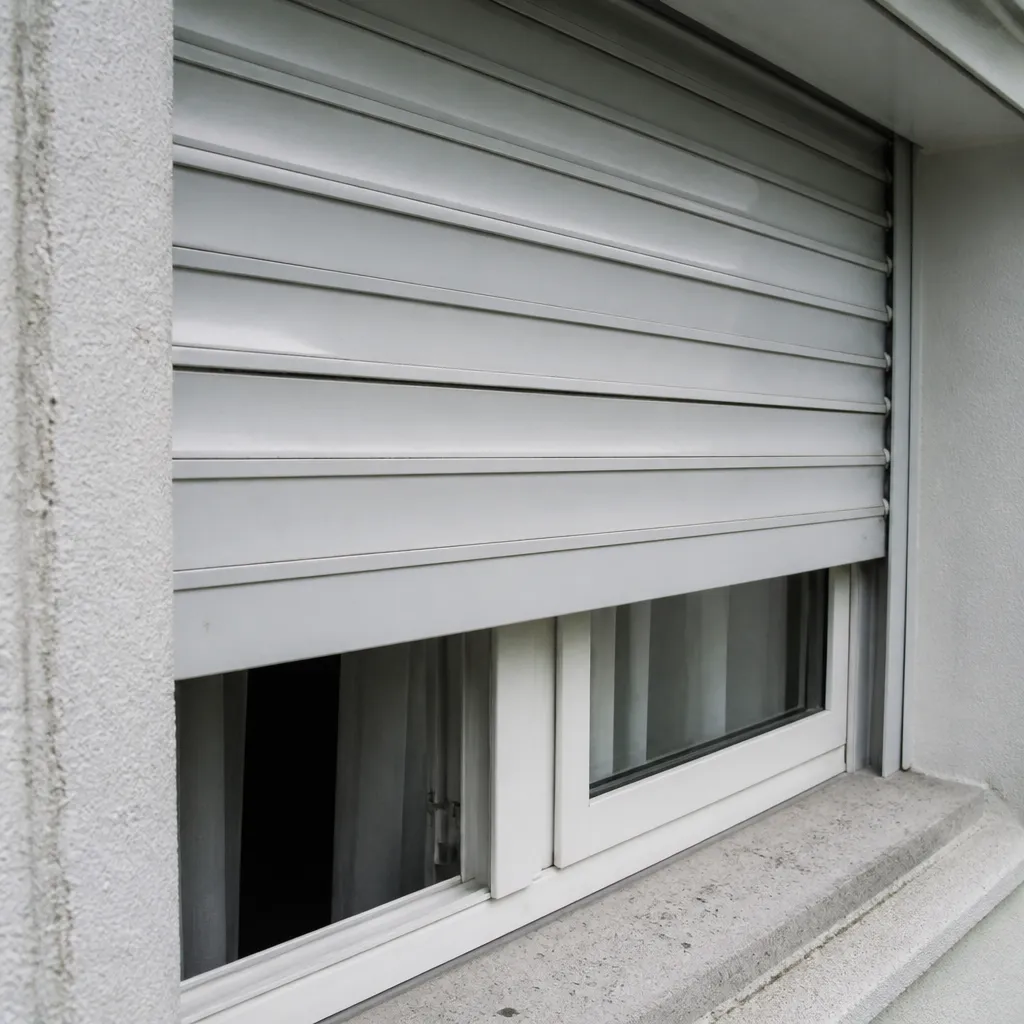 Volet roulant aluminium bloqué à mi-hauteur sur une fenêtre, lames légèrement désalignées