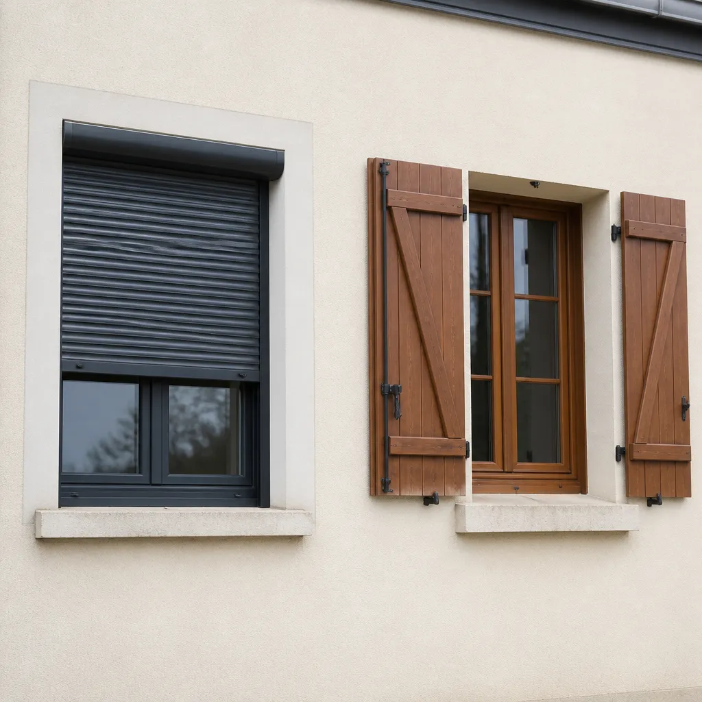 Façade avec un volet roulant aluminium mi-descendu à côté d’un volet battant en bois entrouvert