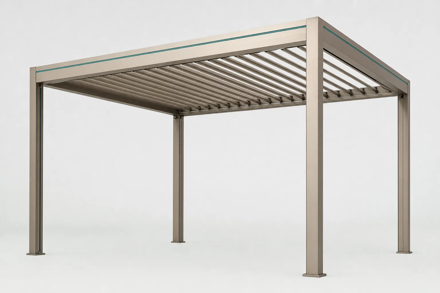 Pergola bioclimatique aluminium à lames orientables, détourée sur fond neutre, vue de trois quarts