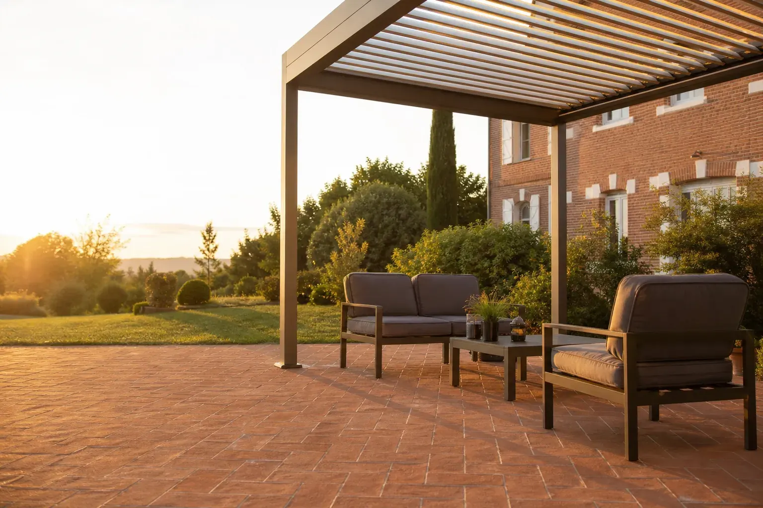 Terrasse en briques toulousaines sous une pergola bioclimatique aux lames mi-ouvertes, lumière dorée de fin de journée