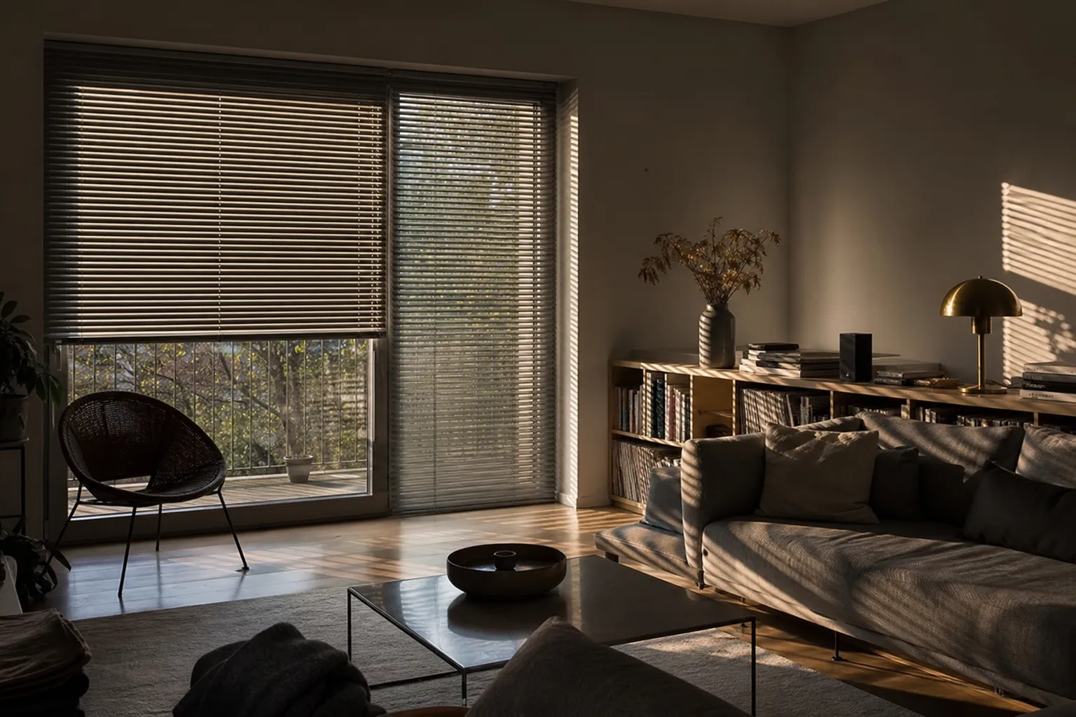 Salon lumineux avec un store vénitien aluminium mi-fermé sur la baie vitrée, lignes de lumière filtrée