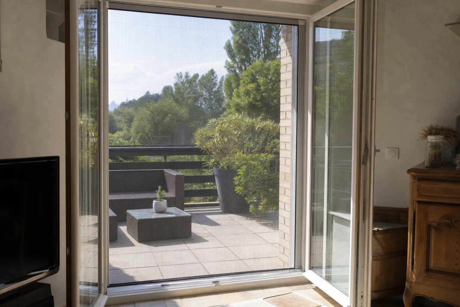 Moustiquaire enroulable sur mesure montée sur une porte-fenêtre ouverte